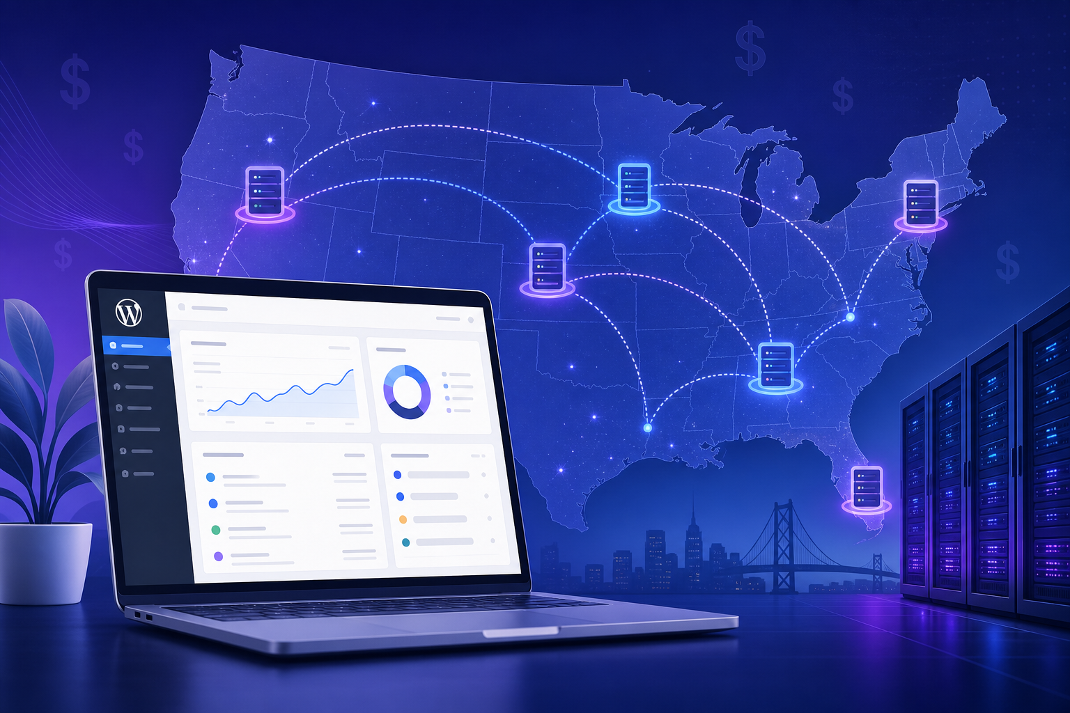 Best WordPress hosting in the USA map and dashboard concept for American websites