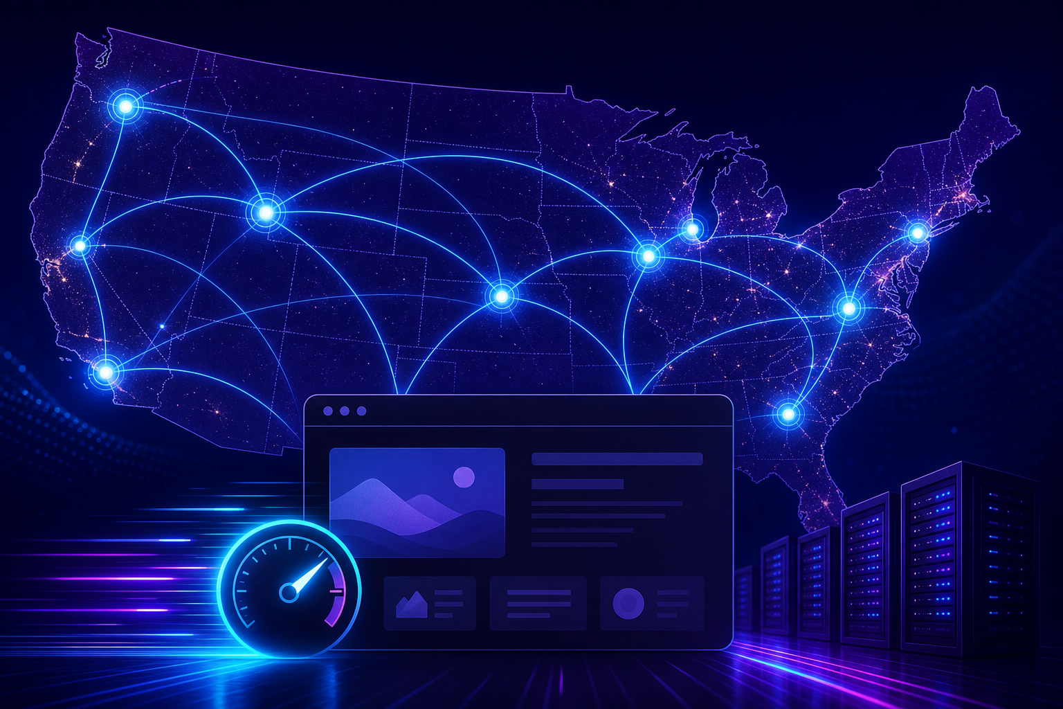 US map network speed and CDN concept for WordPress hosting USA visitors